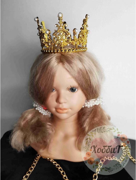 Корона жемчуг со стразами пластик 10*7 см, золото